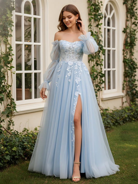 3D Floral Applique Off-Shoulder Tulle Gown Sky Blue
