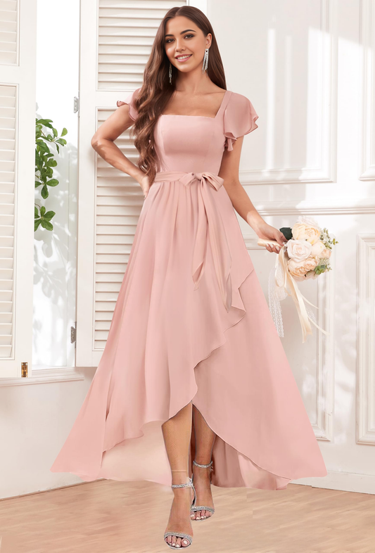A-line Square Neck Chiffon Sleeves Ruffle formal dresses Bridesmaid Dresses evening gown Prom Dress with High Low