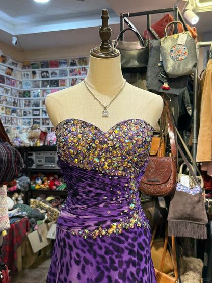 Wild Purple And Black Leopard Print Mermaid Strapless Chiffon Long Prom Dress Evening Dress cc5311