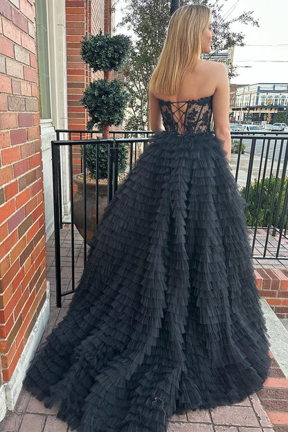 Yellow Appliques Sweetheart Ruffle Tiered A-Line Prom Dress