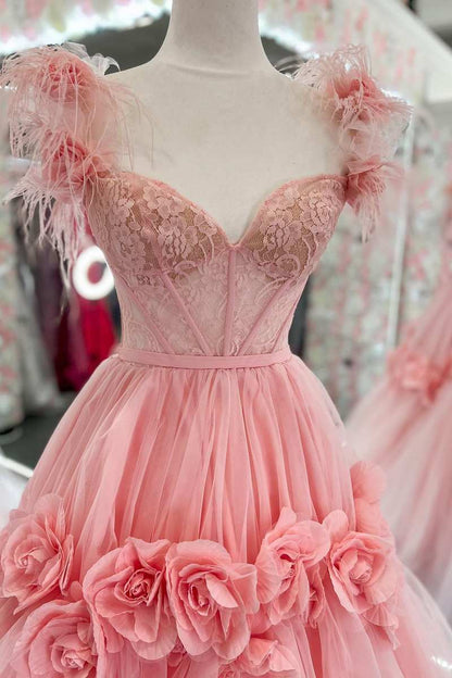 Lace Feather Off-the-Shoulder A-Line Long Prom Dress with 3D Floral Lace