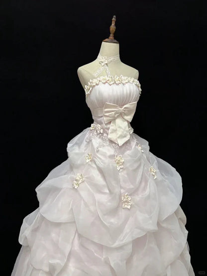 Elegant Light Pink Strapless Satin Sweet 16 Quinceanera A-Line Evening Dress Ball Gown HZ1024