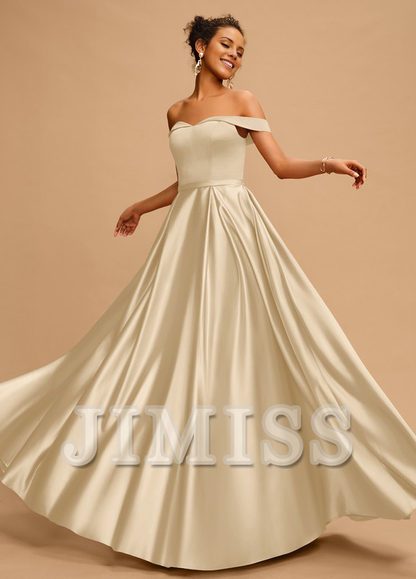 A-line off-the-shoulder floor-length satin prom dress