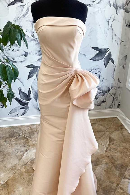 Champagne Strapless Ruffles Mermaid Long Bridesmaid Dress