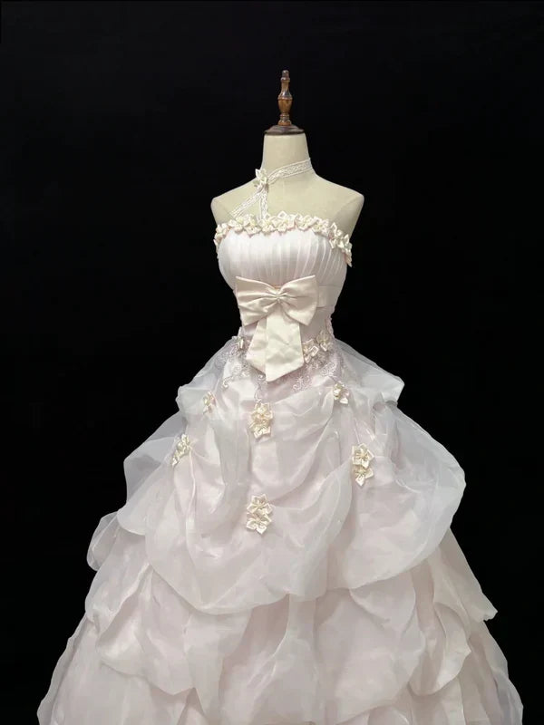 Elegant Light Pink Strapless Satin Sweet 16 Quinceanera A-Line Evening Dress Ball Gown HZ1024
