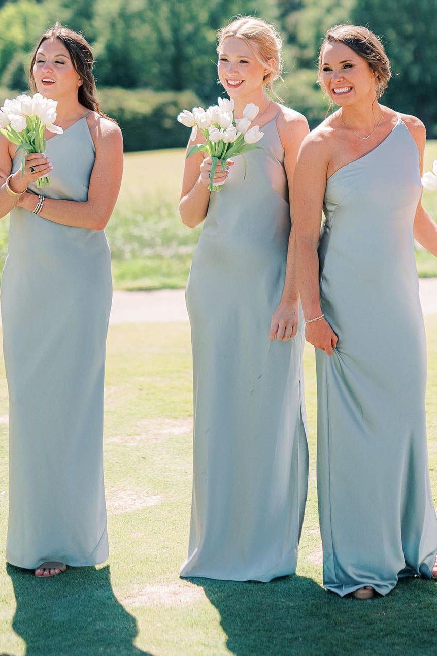 Dusty Sage One-Shoulder Sheath Long Bridesmaid Dress
