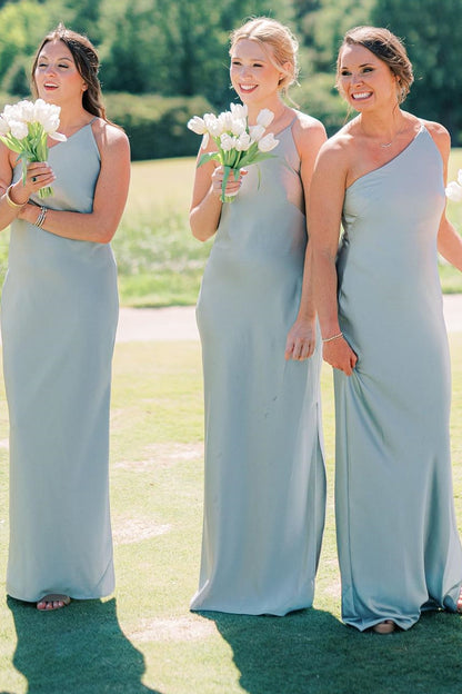 Dusty Sage One-Shoulder Sheath Long Bridesmaid Dress
