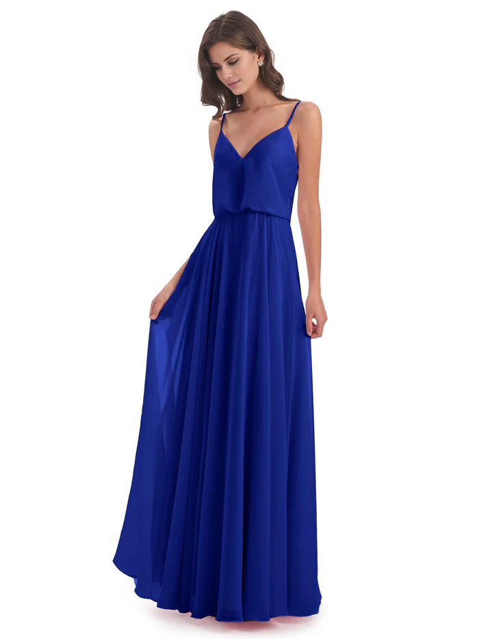 Simple slim shoulder chiffon and floor length bridesmaid dress