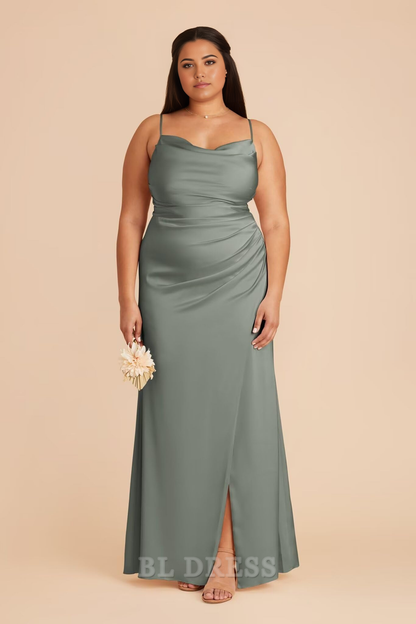 Mermaid Cowl Neck Spaghetti Straps formal dresses evening gown Bridesmaid Dresses with Slit