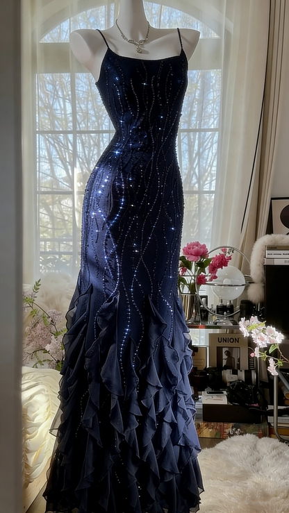 Designers Beaded Prom Dress Long Cascade Ruffled Evening Gown