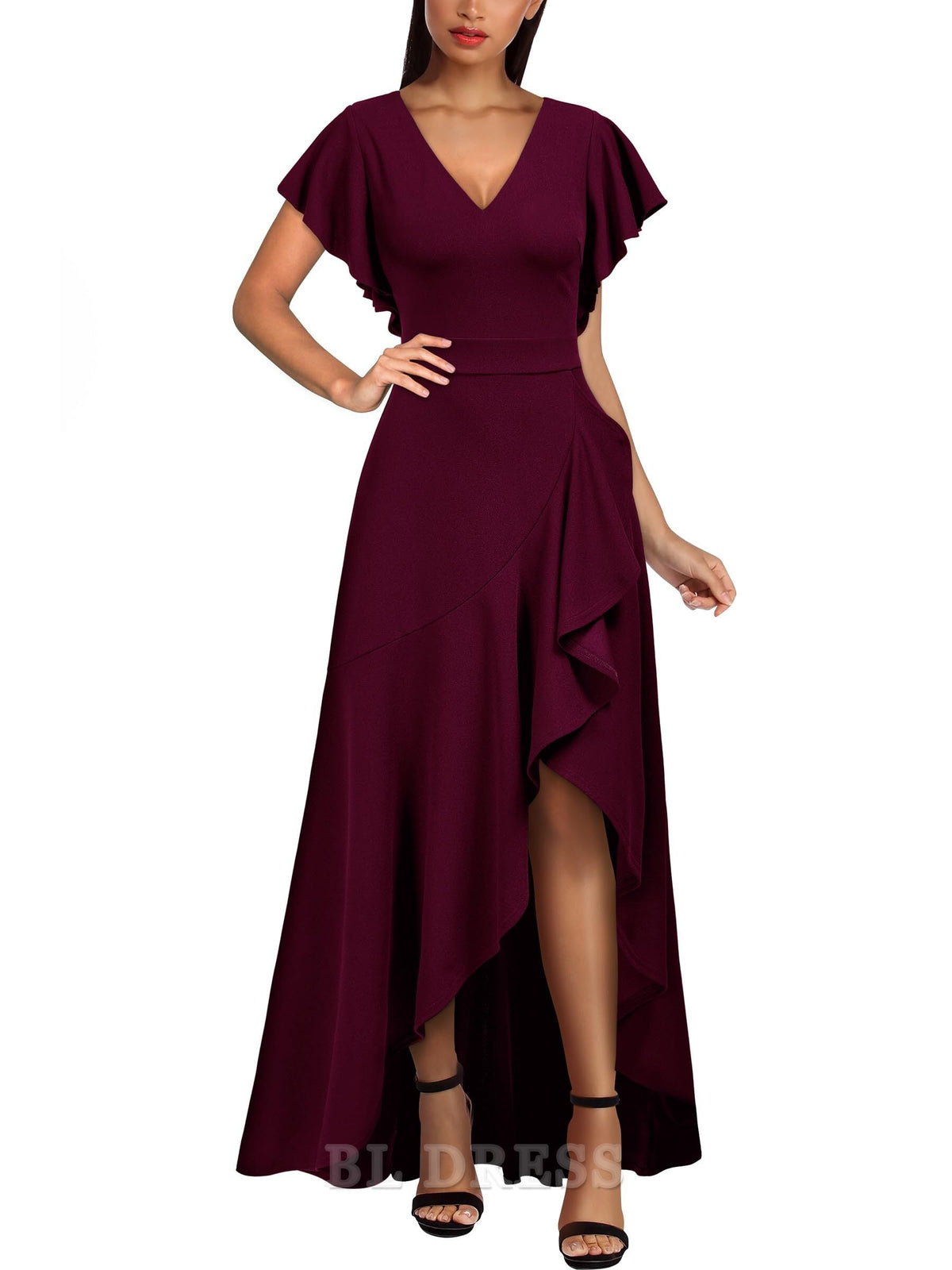 A-line V Neck Ruffle Split formal dresses Bridesmaid Dresses evening gown Prom Dress
