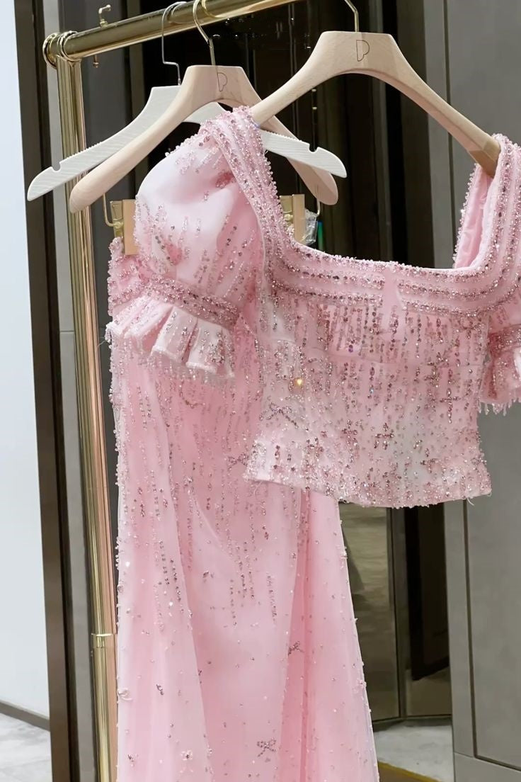 Short-Sleeve Pink Tulle Beaded Two-Piece Gown | Sweet Luxury Square Neck Cutout Maxi Dress for Gala Gathering gh6465