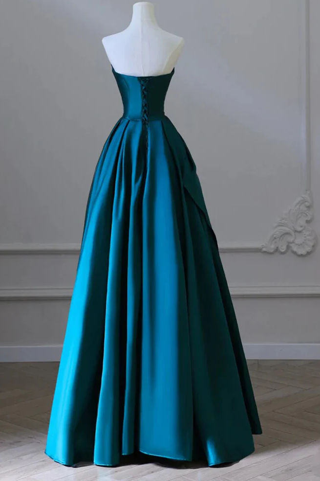 Elegant Strapless Empire-Waist Satin Pleated Long Formal Prom Dress