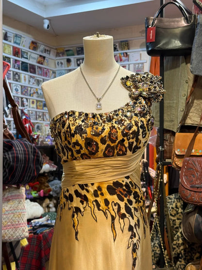 Wild Gold-Brown Leopard Print One-Shoulder Satin Long Prom Dress Evening Dress cc5312