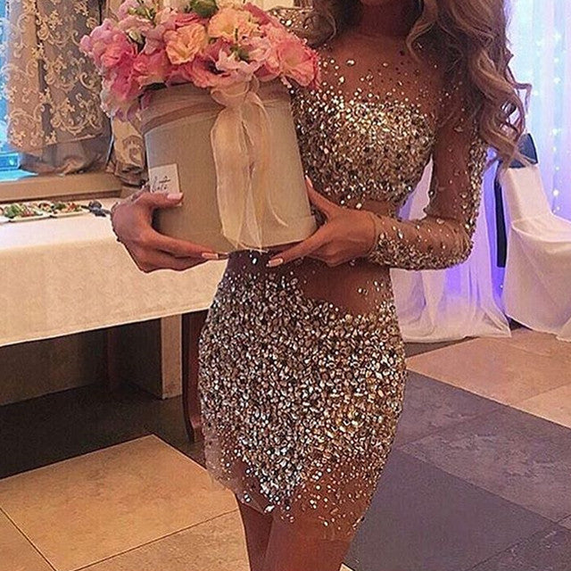 Sheer Homecoming Dresses Beaded Long Sleeves