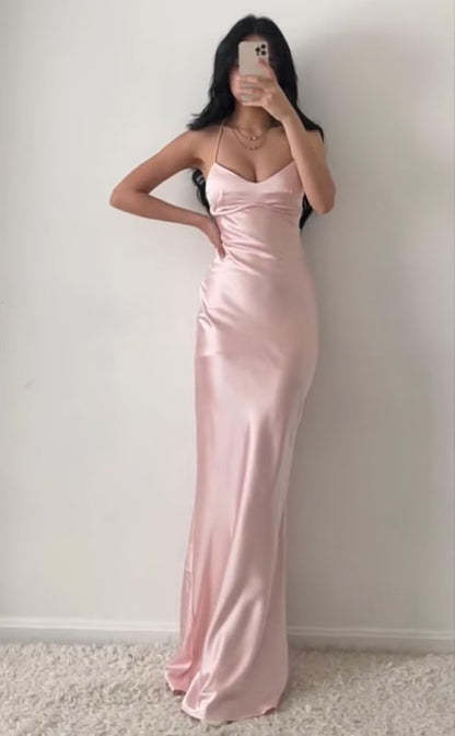 Sheath V-Neck Spaghetti Straps Slit Satin Long formal dresses Bridesmaid Dresses evening gown Prom Dress