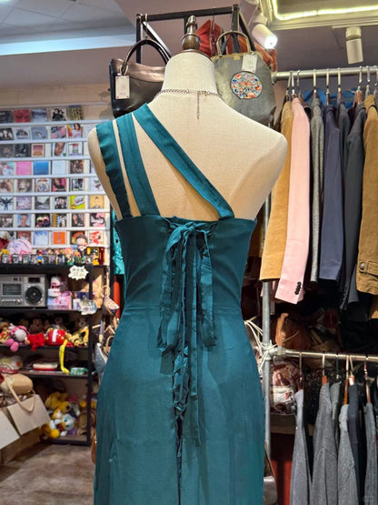 Elegant Peacock Green One-Shoulder Pearl Ribbon Satin Long Prom Dress Evening Dress cc5313