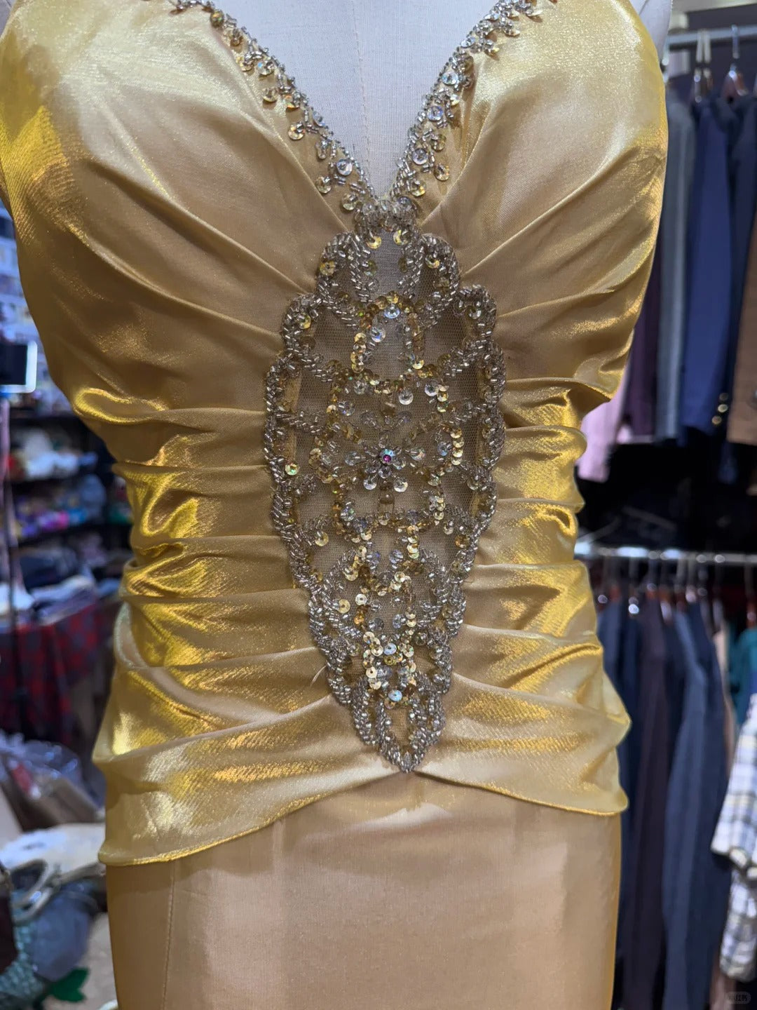 Vintage Gold Mermaid V-neck Sequined Satin Long Prom Dress Evening Dress cc5314