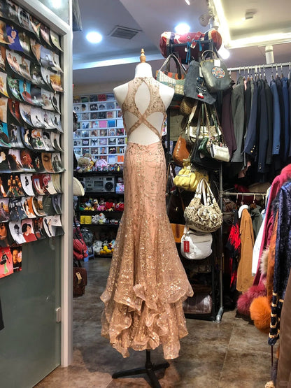 Sparkling Pink Mermaid Halter Neck Crossback Backless Tulle Long Prom Dress Evening Dress cc5317