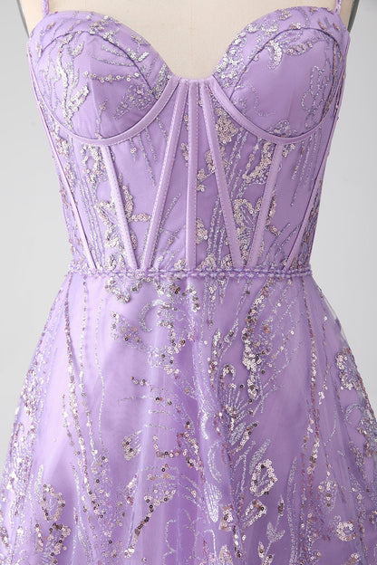 A-Line Spaghetti Straps Lilac Corset Prom Dress with Sequins Floor Length