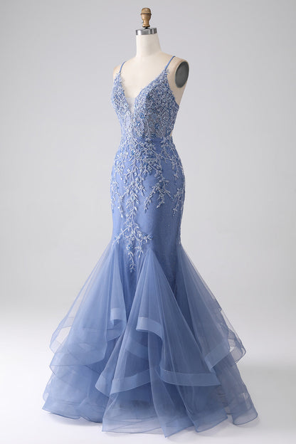 Grey Blue Mermaid Spaghetti Strap Beaded Backless Long Prom Dress With Appliques V-neck