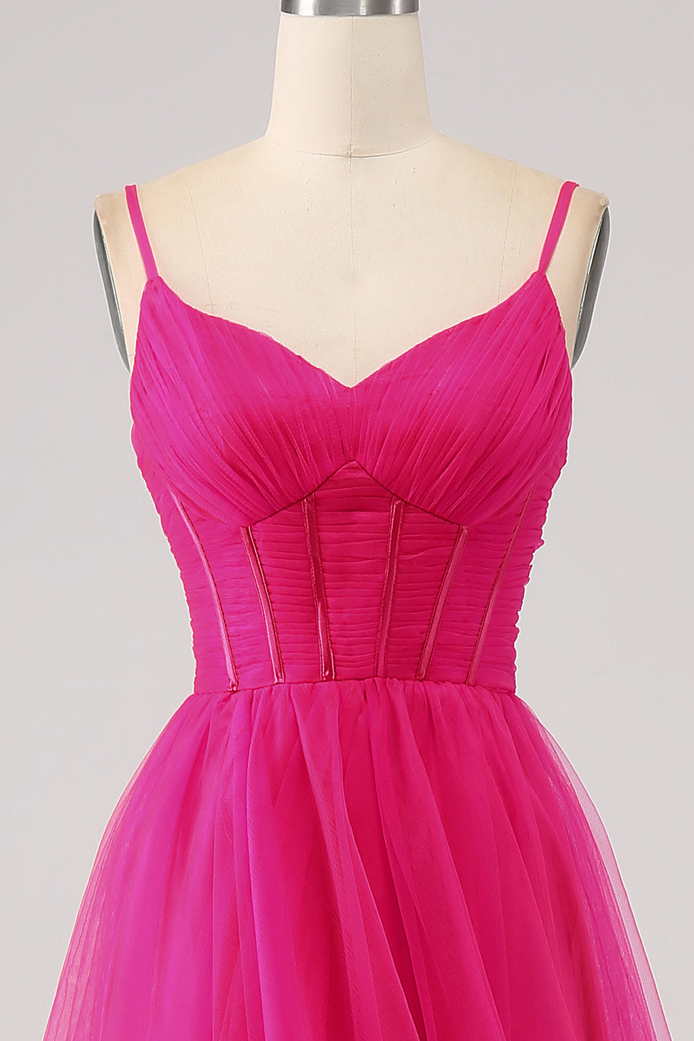 A-Line Spaghetti Straps Long Corset Fuchsia Prom Dress with Slit Pure Color