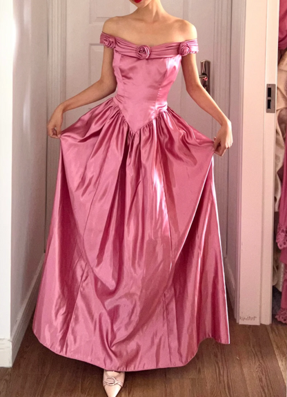 Retro Sweet Pink A-line 3D Floral Off-Shoulder Satin Long Prom Dress Evening Dress cc5319