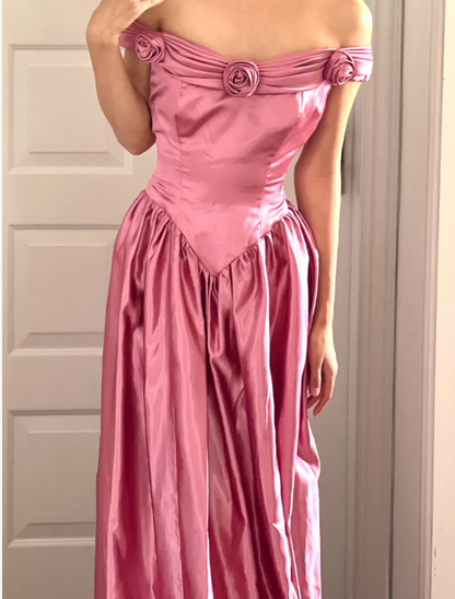 Retro Sweet Pink A-line 3D Floral Off-Shoulder Satin Long Prom Dress Evening Dress cc5319