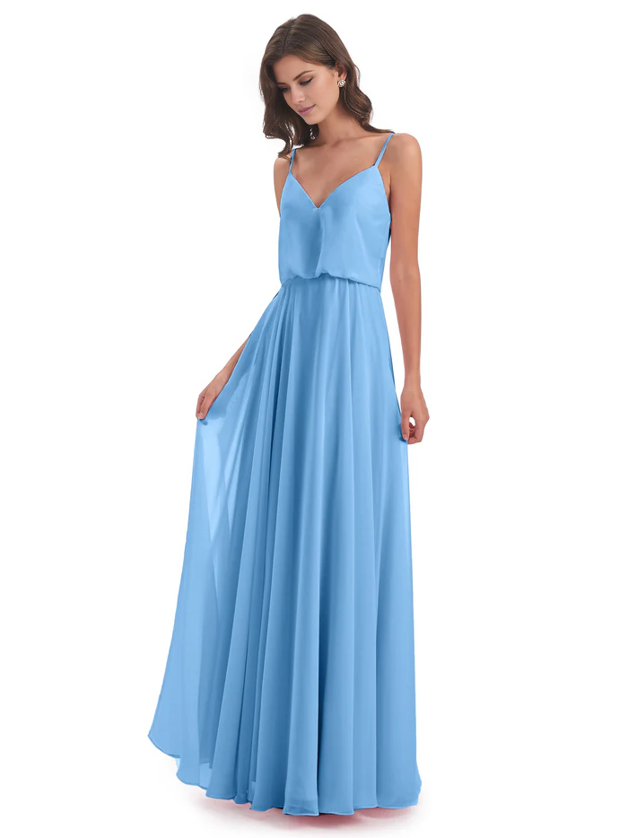 Simple slim shoulder chiffon and floor length bridesmaid dress