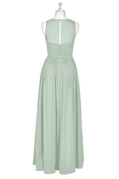 Sage Green Sheer Crew Neck Long Bridesmaid Dress