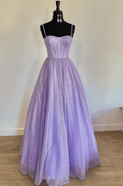 Purple Spaghetti Straps Tulle Sweetheart Pleated Long Prom Dress