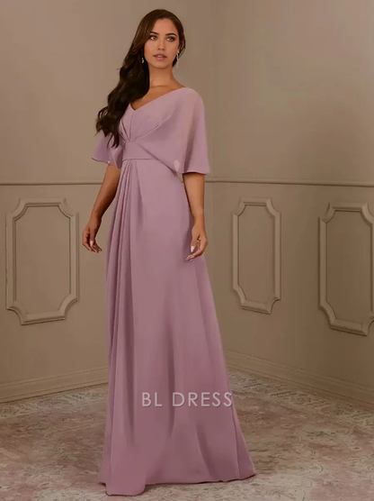 A-Line V-Neck Short Sleeves Chiffon Pleated Wedding Guest Dresses Mother of the Bride Dresse
