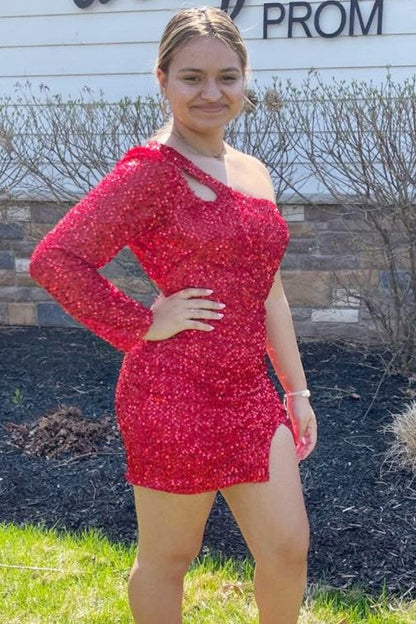Black Sequin One-Sleeve Keyhole Short Party Dress