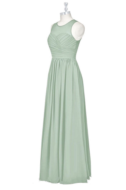 Sage Green Sheer Crew Neck Long Bridesmaid Dress