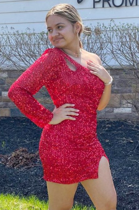 Black Sequin One-Sleeve Keyhole Short Party Dress
