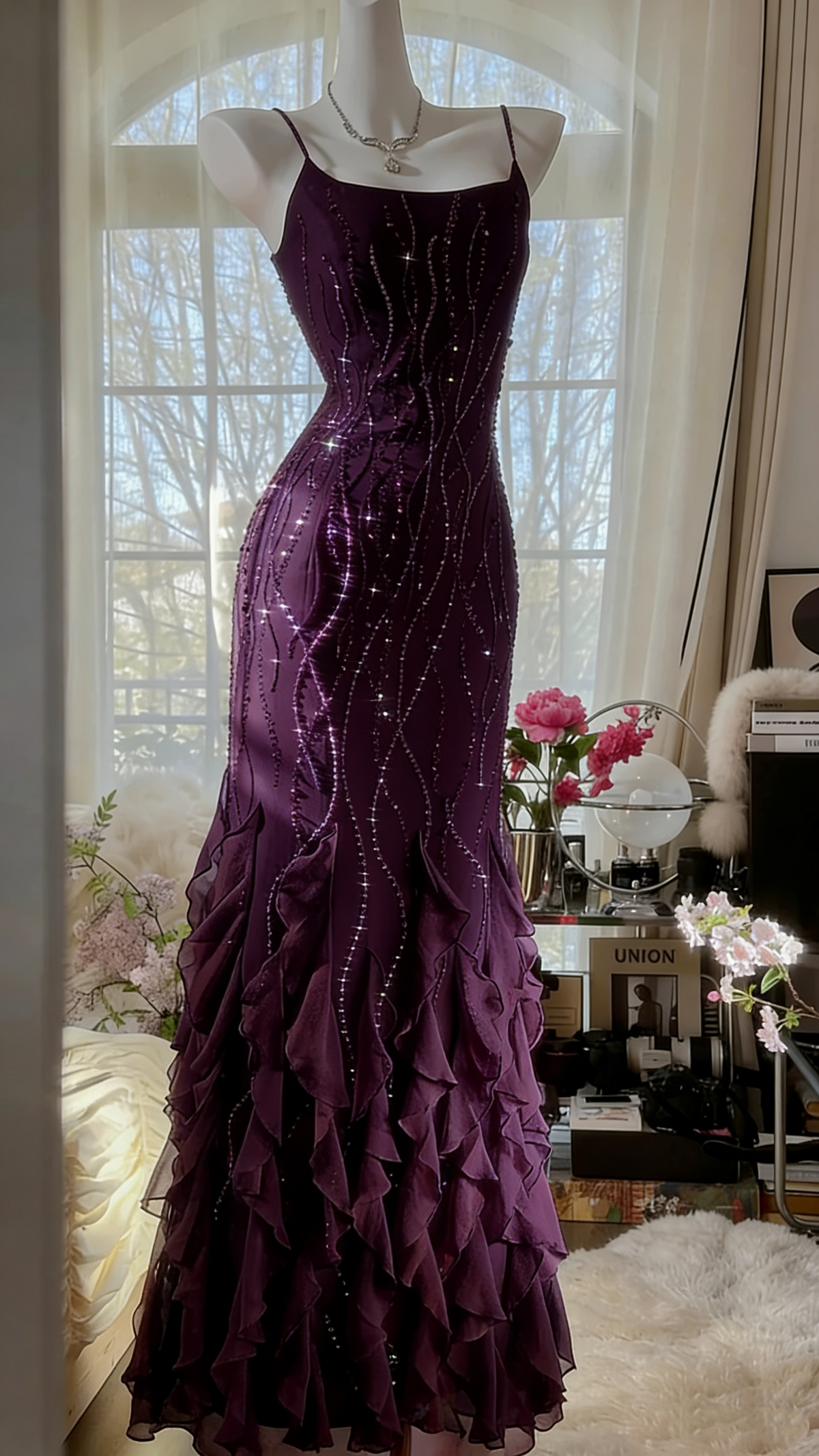 Designers Beaded Prom Dress Long Cascade Ruffled Evening Gown