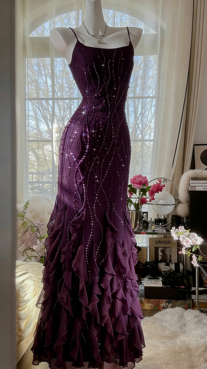 Designers Beaded Prom Dress Long Cascade Ruffled Evening Gown