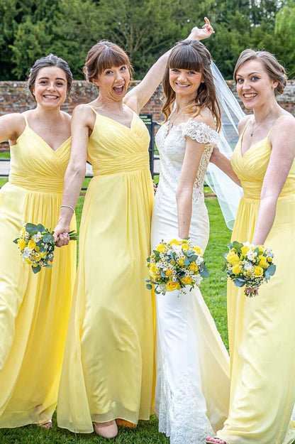 Yellow Chiffon Spaghetti Straps A-Line Long Bridesmaid Dress