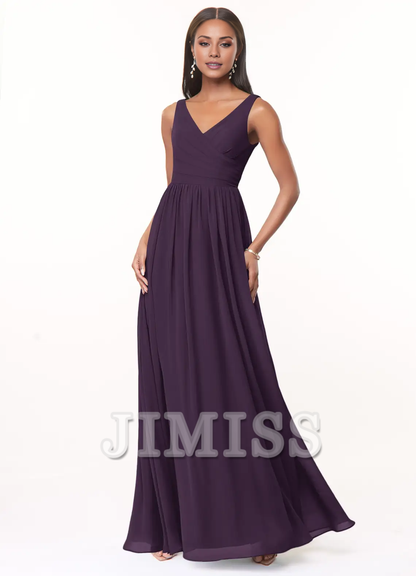 A-line V-neck pleated chiffon and floor length bridesmaid dress - Jimiss Dress