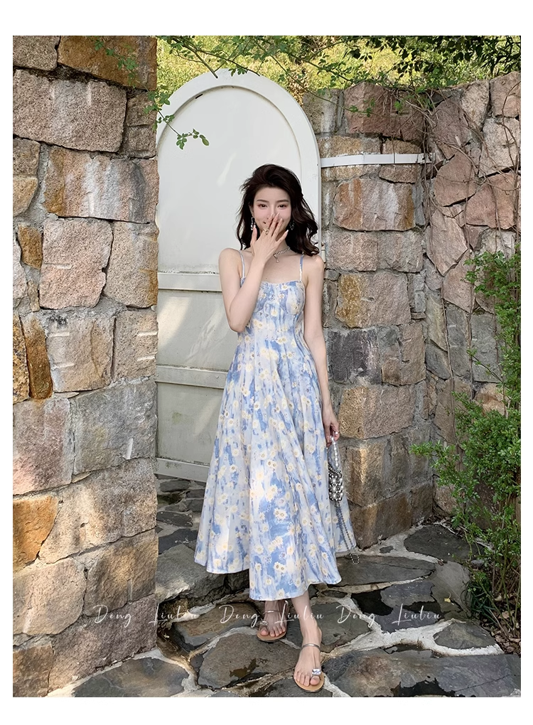 Design Sense Blue Painting Long Dress Holiday Beach Floral Spaghetti Strap Dress HZ1024