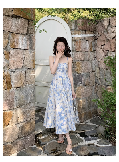 Design Sense Blue Painting Long Dress Holiday Beach Floral Spaghetti Strap Dress HZ1024
