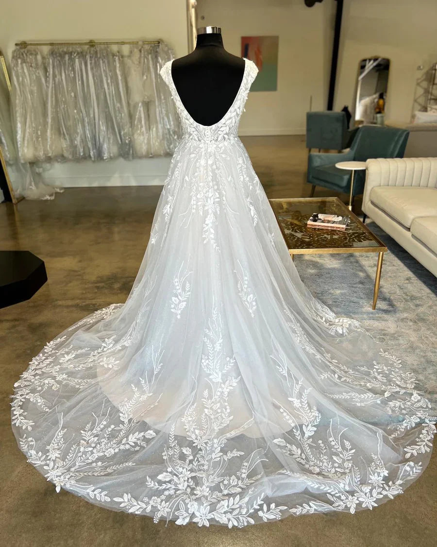 Tulle Lace Plunge V Backless Long Bridal Gown