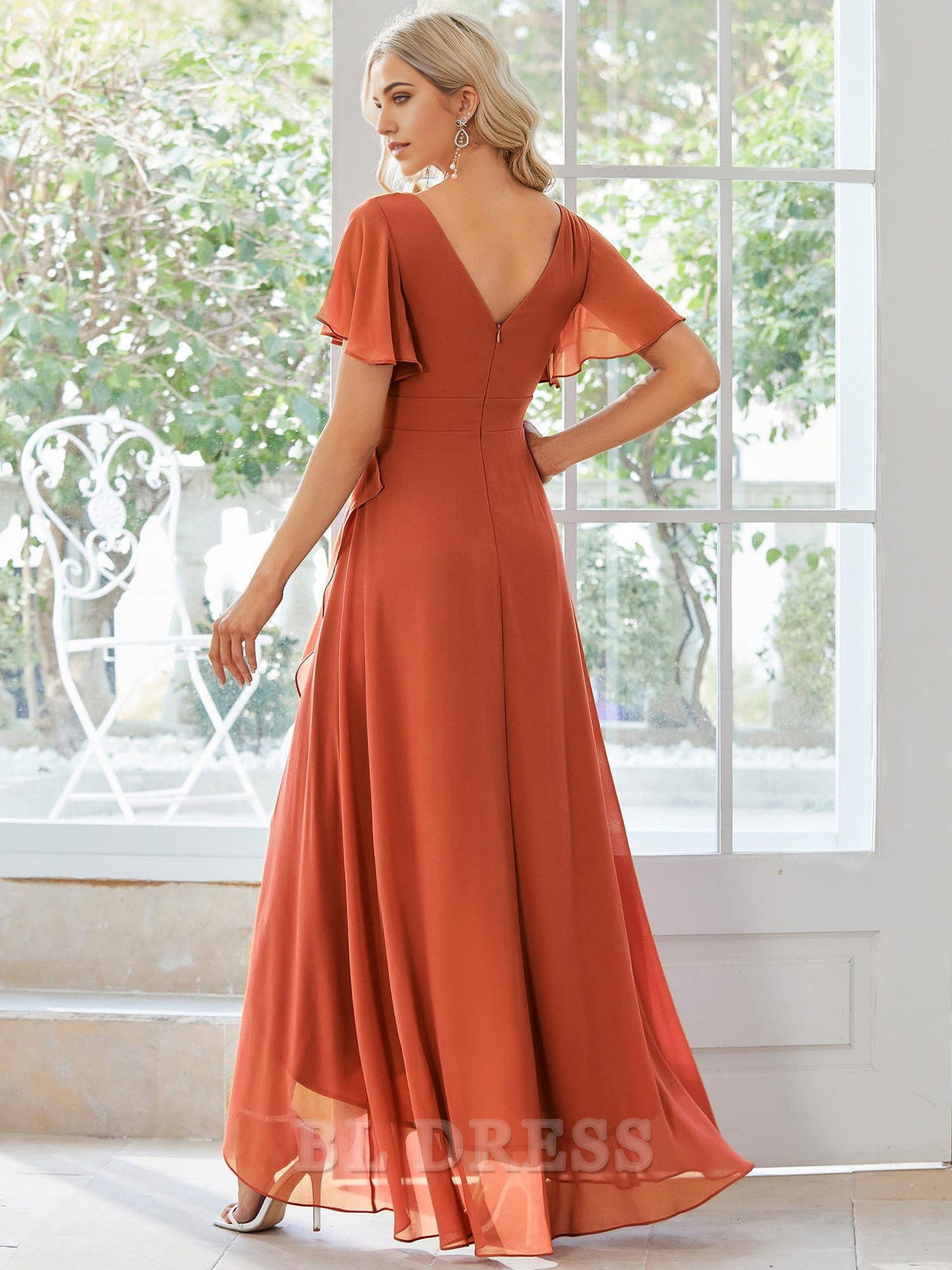 A Line Double V Neck Ruffle Hem Backless High Low Chiffon formal dresses Bridesmaid Dresses evening gown Prom Dress