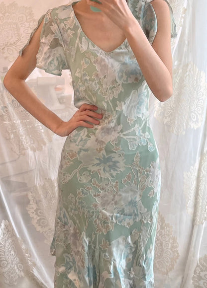 Sweet Light Green Floral Print Ruffled V-neck Chiffon Long Prom Dress Evening Dress cc5321
