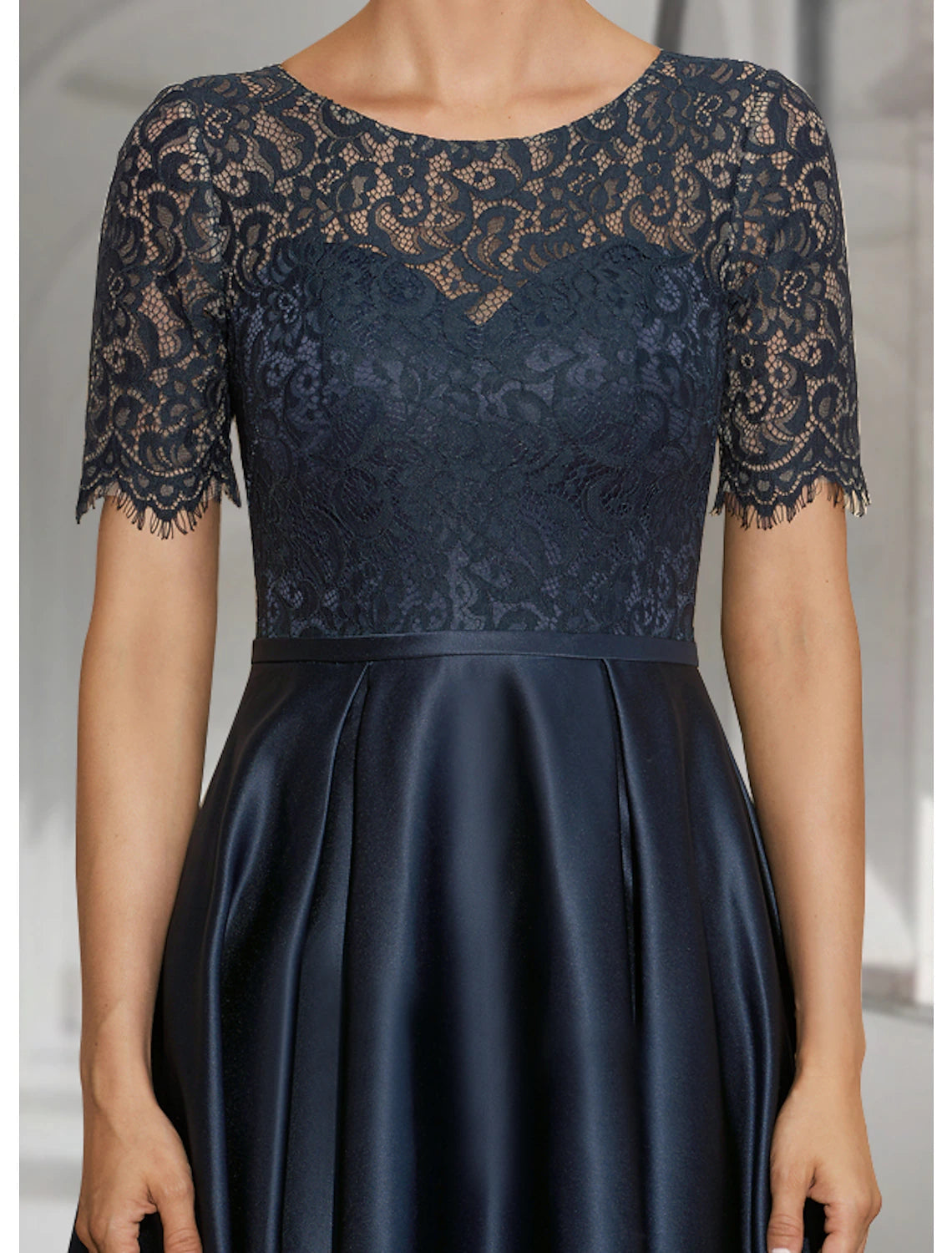 A-Line Mother of the Bride Dress Wedding Guest Elegant High Low Scoop Neck Asymmetrical Tea Length Satin Lace Short Sleeve