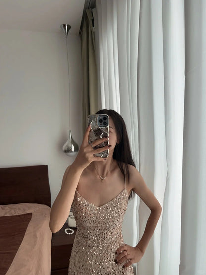 Elegant Champagne Gold Mermaid Halter V-neck Sequined Long Prom Dress Evening Dress cc5326