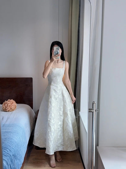 Elegant White A-line Square Neck Halter Top With Butterfly Jacquard Satin Long Prom Dress Evening Dress cc5328