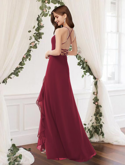 Sheath / Column Bridesmaid Dress V Neck Sleeveless Elegant Floor Length Chiffon with Pleats / Split Front