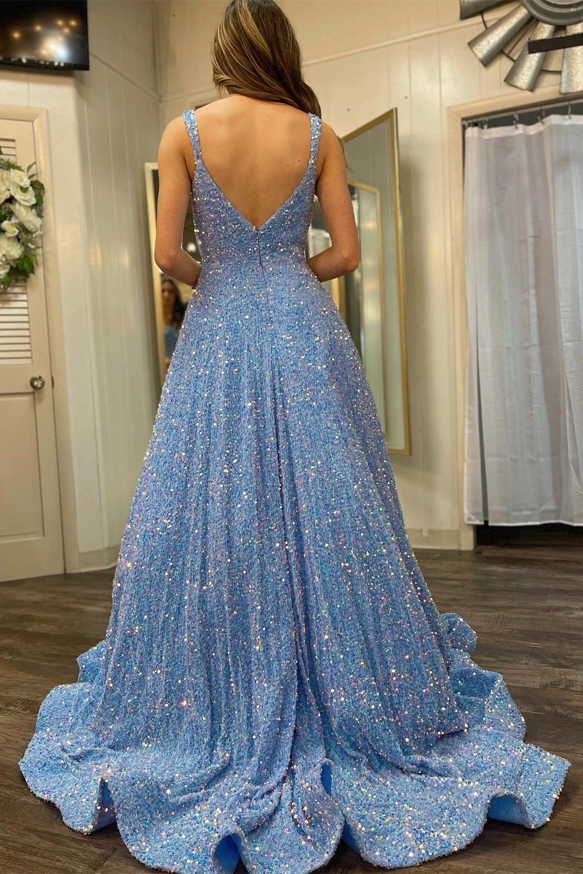 Red Sequin Square Neck Open Back Ball Gown