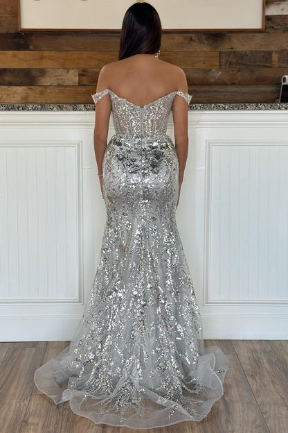 Off-the-Shoulder Sequin Lace Mermaid Long Dress with High Slit